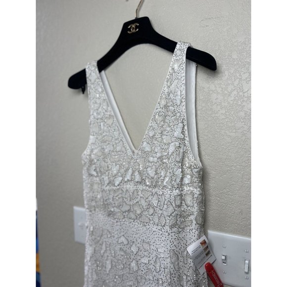 Mac Duggal Hand Embellished Beaded Gown With Train White 10814 Size 8 New - Picture 12 of 15